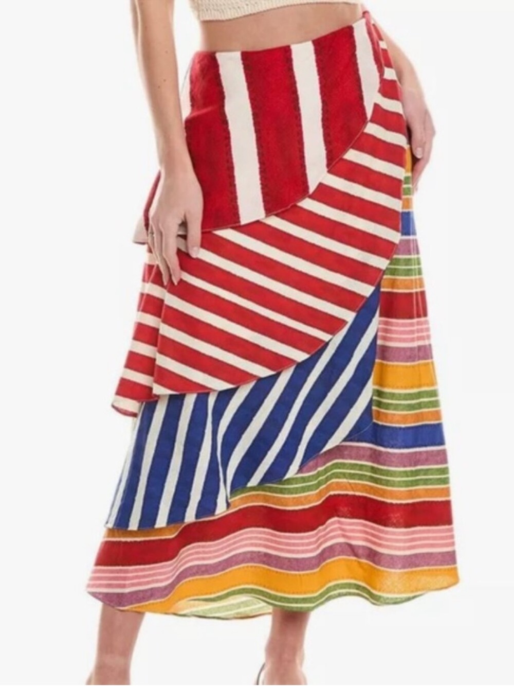 FARM Rio Red, Blue & Multicolor Striped Layered Maxi Skirt